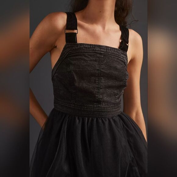 Anthropologie Denim Tulle Midi Dress In Black Size 2 NWT - Picture 3 of 14